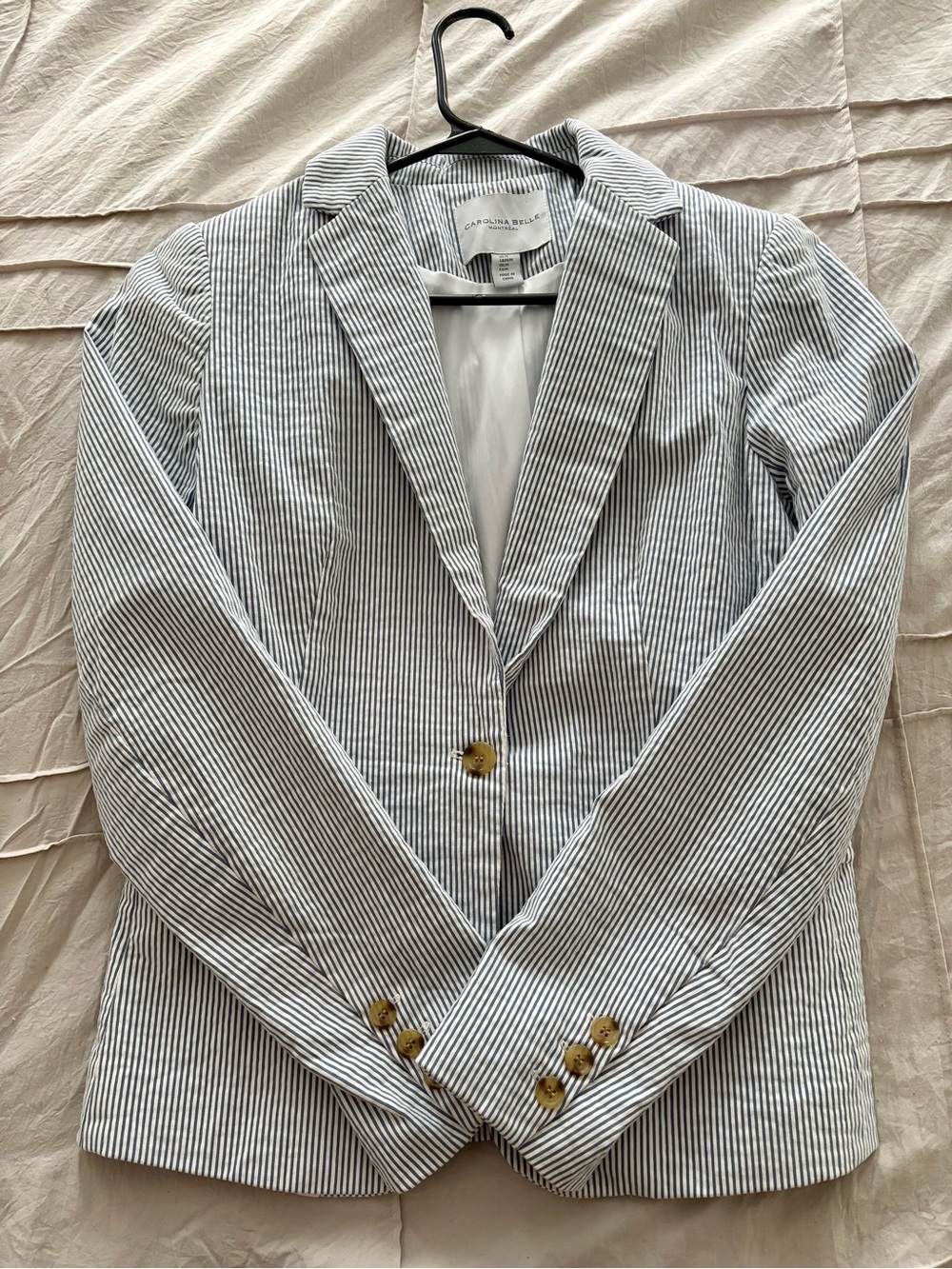 Carolina Belle One Button White and Blue Striped Seersucker Blazer Size M